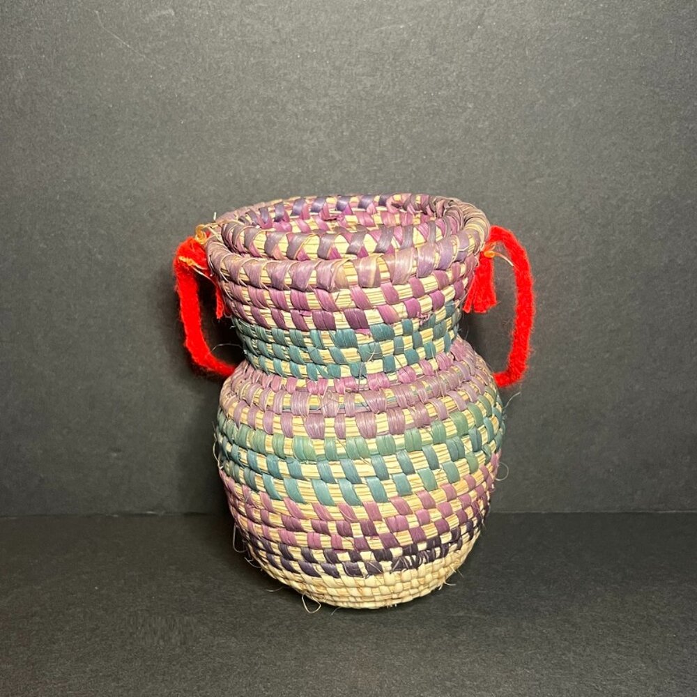 Handmade Small Purple & Green Olla Basket Jar w/ Lid & Red Carrying Handle 5"